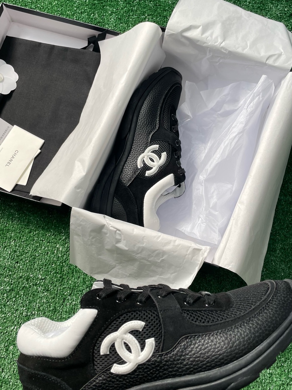 CHANEL Black and White Men's CC Logo Sneakers